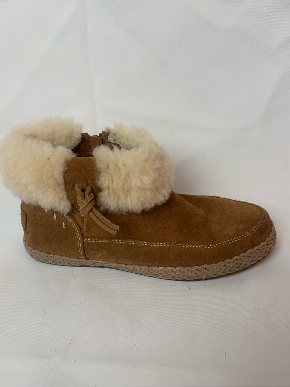 UGG Elowen Moccasin Booties Zip Flat Ankle Boots Beige Suede Fur Trim Womens 7.5